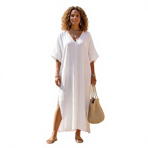 Robe kaftan en lin blanc pour femmes, col en V, manches courtes chauve-souris, imprimé floral, longueur genou, coupe classique - Product Image 1