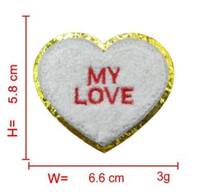 Stock 6.6cm <b>Iron</b> on Chenille Embroidered Gold Glitter Edge Heart With Words Valentine Patch for Hat Bag Decoration - Product Image 2
