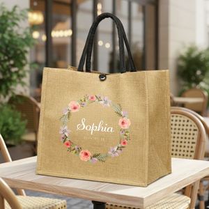Sac fourre-tout en lin personnalisé avec des éléments floraux |   Design élégant, adapté à diverses occasions, nettoyage à sec uniquement, fermeture à boucle - Product Image 1