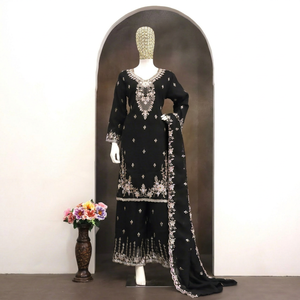 Salwar Kameez en soie noire pour femmes, broderie, longueur cheville, style traditionnel indien pakistanais, costume Punjabi, séchage rapide - Product Image 1
