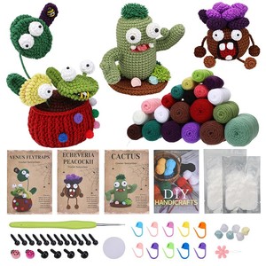 Kit de Ganchillo DIY de 3 Estilos: Monstruos Divertidos, Suculentas, <span class=keywords><strong>Cactus</strong></span> Extraños y Trampas de Moscas de Venus. Paquete Completo de Materiales de Tejido con Hilos y Herramientas, Ideal como Regalo Decorativo. - Product Image 1