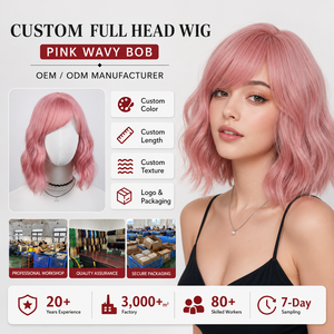 Peluca sintética ondulada rosa empolvado <span class=keywords><strong>de</strong></span> 12 pulgadas con flequillo lateral, resistente al calor, <span class=keywords><strong>para</strong></span> uso diario y cosplay, peluca completa <span class=keywords><strong>para</strong></span> <span class=keywords><strong>mujer</strong></span>, venta al por mayor - Product Image 1