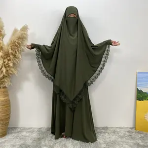 Gaun lengan panjang wanita, gaun pesta kasual leher kru warna solid desain splicing renda angin Muslim 2023