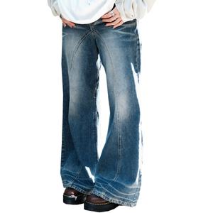 Jean baggy taille mi-haute X5 à poches, style chic, délavé vintage bleu, avec boutons-pression bidirectionnels, coupe bootcut fluide, en denim, vente en gros - Product Image 5