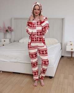 Femmes noël fermeture éclair à capuche combinaison chemise de nuit à manches longues fermeture éclair col en <span class=keywords><strong>V</strong></span> dessin animé imprimé pyjamas hiver chaud sommeil maison porter - Product Image 5