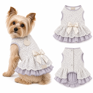 Robe de princesse pour chien sans manches en dentelle florale avec nœud perlé, vêtements pour animaux de compagnie OEM, jupe à volants avec bouton-pression au dos, tenue personnalisée - Product Image 1