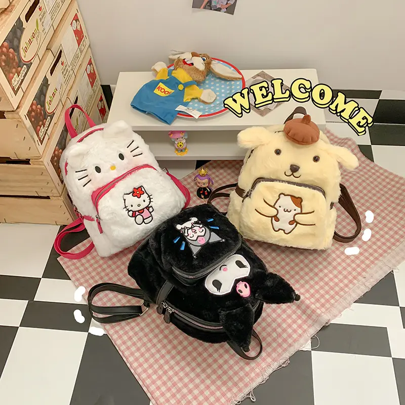 Japanese Plush Sanrioes Backpack Fluffy Anime Cinnamoroll Kuromi Schoolbag Melody Plush Backpack