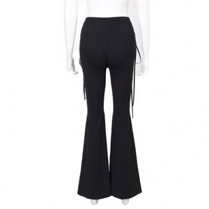 Pantalon noir pour femme, style punk, à œillets, à lacets, taille haute, évasé, gothique, à découpes et à bandes - Product Image 3