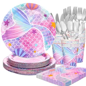 Hot Selling Custom Disposable Party Paper Plates Kids Birthday Decorations Party Supplies Set Mermaid Paper Plates for Kids