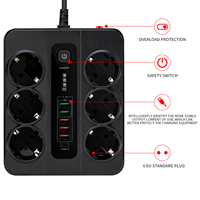 Multiprise avec protection contre les surtensions, 6 prises AC, 5 prises USB, 10A 250V 3000W, câble de 2 m, 6 voies, noire, avec prise de type C