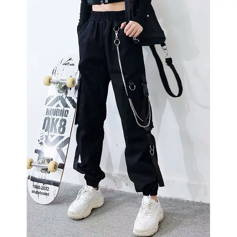 2022 Celana Kargo Wanita Baru Pita Saku Jogger Elastis Pinggang Tinggi Streetwear Harajuku Celana Katun Punk Celana Wanita