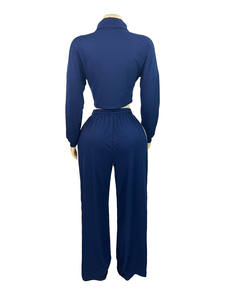 カラーパッチワーク2ピースセット女性ジップフルスリーブクロップトップ + ドローストリングパンツカジュアルスポーティスーツ - Product Image 6