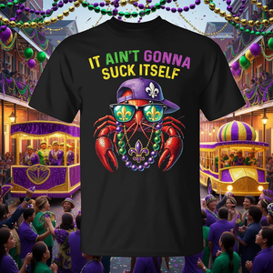 T-shirt Mardi Gras avec motif de crabe et motif Fleur de Lys pour tenue festive, « It Aint Gonna Suck Itself » - Product Image 3