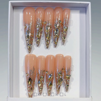 Lot de faux ongles longs à presser, forme Stiletto, gris, nude, rose, base argentée, avec pierres marquise dorées, pour nail art