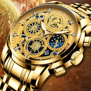 Montre à quartz pour homme BINBOND 4010, cadran en acier inoxydable doré avec strass, montre décontractée, lumineuse, étanche, montre-bracelet pour homme d'affaires - Product Image 3