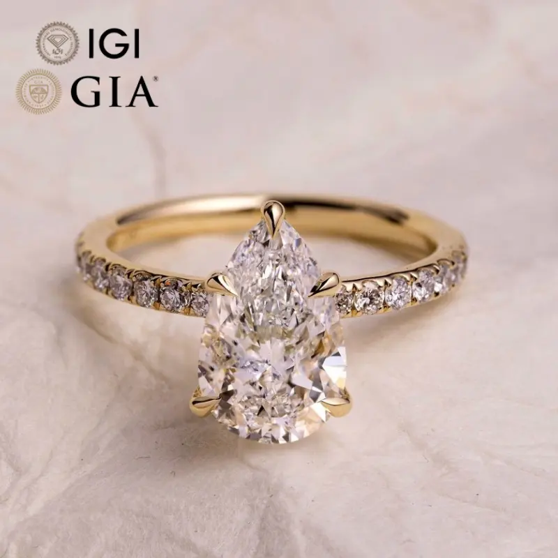 Custom Gia Igi Certified Cvd Lab Grown Created Diamond Real Gold Pear Cut Solitaire Pave Band Engagement Ring Jewelry For Women