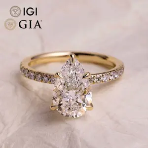 Personalizado Gia Igi certificado Cvd Lab crecido creado diamante Real oro pera corte solitario Pave banda anillo de compromiso joyería para mujeres