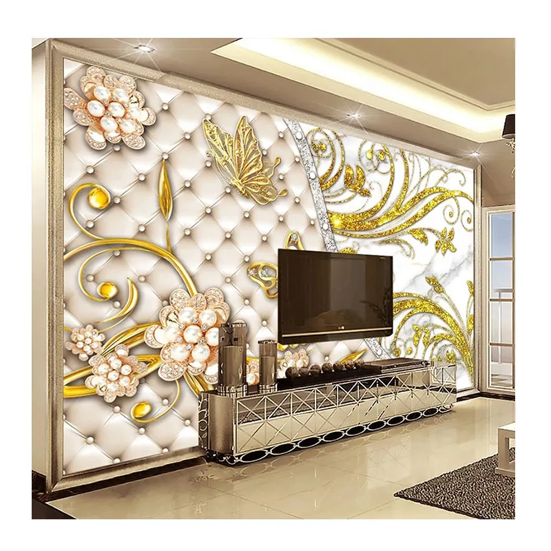 KOMNNI European 3D Gold Jewelry Soft Murals Wallpaper For Living Room Sofa Background Decor Wall Murals