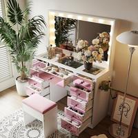 Coiffeuse avec 15 ampoules, 3 modes d'éclairage couleur, luminosité réglable, ensemble de coiffeuse avec tabouret rembourré, rose