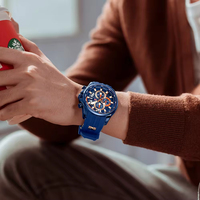 Montre à quartz pour homme MINI FOCUS 0350G, chronographe, tachymètre, bracelet en silicone bleu, sport, étanche, avec date