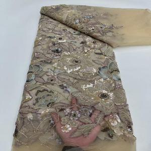 Tela de Encaje Africana de Lujo 2025, Alta Calidad, Bordado 3D con Cuentas y Lentejuelas Hechas a Mano, Peso Medio, para Vestidos de Novia y Fiesta - Product Image 3