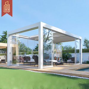 Pergola Bioclimatica Retrattile da Esterno in Alluminio e Vetro con Tetto a Lamelle Motorizzate, Padiglione Gazebo Smart Impermeabile in Metallo Tipo Serra - Product Image 1