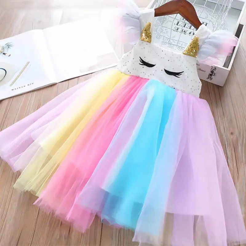 New fashion baby Girls summer sequins ruffled sleeveless unicorn princess rainbow tulle dress