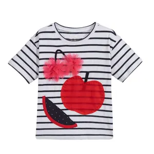 Camiseta a rayas con nombre de marca personalizada, camisetas con apliques de fruta para niña pequeña