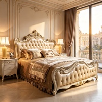 Vintage Europäisches Barock-Kingsize-Bett Handgeschnitztes Massivholz Goldvergoldung Champagner Gesteppte Lederpolsterung Schlafzimmermöbel