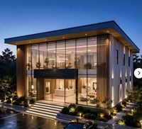 Bâtiment commercial préfabriqué en structure acier avec mur-rideau en verre et hall d'exposition