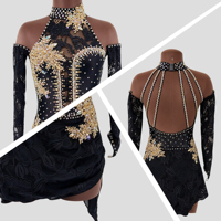 Costume de danse lyrique jazz Fitdance personnalisé en dentelle noire et or, spandex/polyester, robe de danse de compétition avec strass, performance