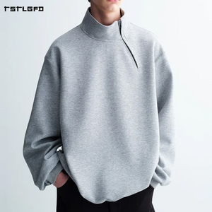 Sudadera de forro polar grueso para hombre con cremallera lateral asimétrica, cuello simulado, corte holgado y hombros caídos, estilo casual minimalista. - Product Image 1