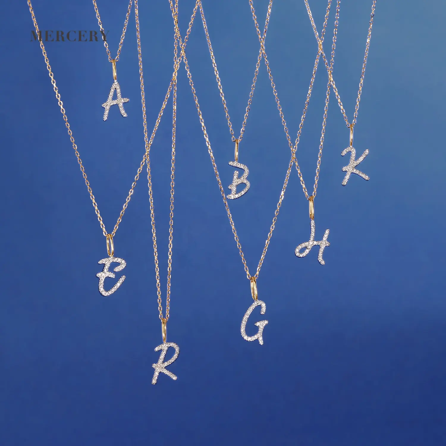 Mercery Wholesale Custom Personalized Jewelry Diamond 26 Initial Alphabet Necklace 14k Solid Gold Letter Pendant Necklace Women