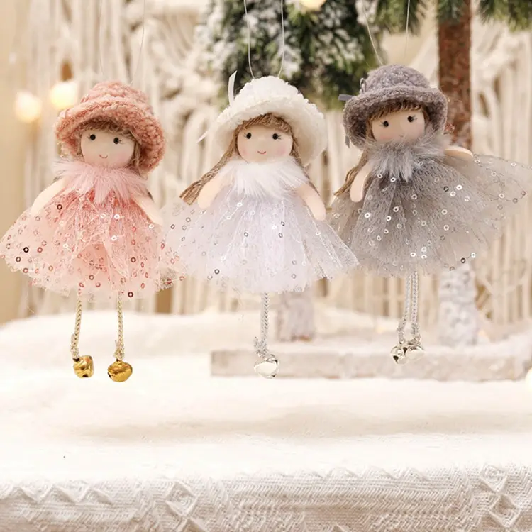 Pingentes de árvore de natal, enfeites de pelúcia de anjo com mini anjo para festa de natal