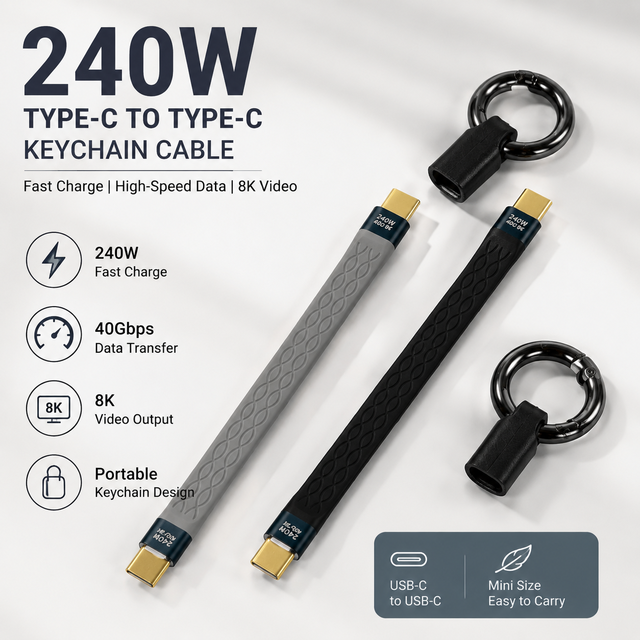 240W 40GB 8k Short Cable Keychain Fast Charging USBC to USBC On-the-go Keychain Charger Mini Size Oem Odm Type C Data High Speed