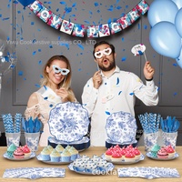 Ensemble de vaisselle jetable bleu floral de qualité supérieure pour mariage, fête prénuptiale, anniversaire