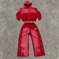 Ensemble de survêtements amples pour hommes avec logo en strass et motif délavé au soleil, comprenant un sweat à capuche zippé et un pantalon de survêtement – Fabricant
