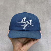 Topi Trucker 6 Panel Denim Vintage Uncle Washed, Pinggiran Pendek Sedikit Melengkung, Bordir Angsa Terbang, Snapback Mesh Cap untuk Aktivitas Luar Ruangan