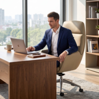 Chaise de bureau pivotante de luxe en cuir, dossier haut réglable, design ergonomique éco-responsable et roulettes silencieuses en nylon.