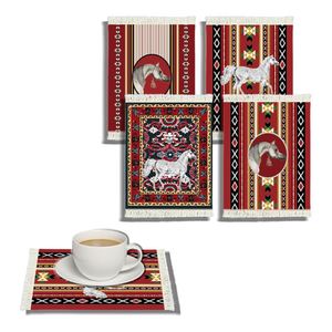 Ensemble de 4 sous-verres classiques personnalisés en forme de tapis à pompons, motif cheval arabe, écologiques, en caoutchouc carré de 3 mm d'épaisseur, pour la maison/le bureau - Product Image 1