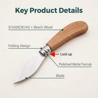 Couteau de poche pliable multi-usage pour le camping, outil de survie et de pêche en plein air, manche ergonomique en bois pour décortiquer les moules