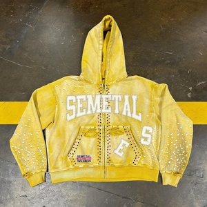 Sweat à capuche zippé en molleton bouclette pour homme, personnalisé avec broderie, effet délavé, strass de luxe, coupe oversize - Product Image 2