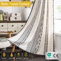 Aodu Rideau Bohème à Franges et Pompons, Imprimé Géométrique Tribal Crème, Panneau Semi-Transparent pour Fenêtre, Décoration Bohème, Vente en Gros Usine
