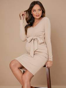 Tricot côtelé personnalisé à manches longues vêtements de grossesse col en V ceinturé Robes de maternité <span class=keywords><strong>robe</strong></span> en coton chemise de nuit - Product Image 2