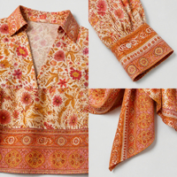 Robe chemise à imprimé floral bohème pour femmes, col en V, manches longues, robe décontractée avec ceinture à nouer, service personnalisé, fabricant Chine