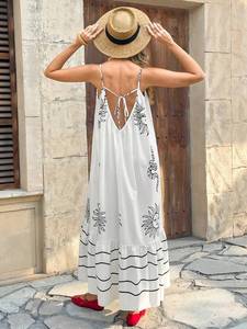 Robe longue blanche décontractée bohème vintage pour femme, tenue de plage, 100 % coton tissé, taille naturelle, manches courtes, lavable en machine - Product Image 5