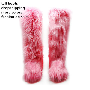 MOQ 1 2022 יוקרה חורף נשי בית קטיפה פרווה כיסוי הברך ירך גבוהה גבוה מגפי נשים שלג פרווה מגפי עם סרט - Product Image 4