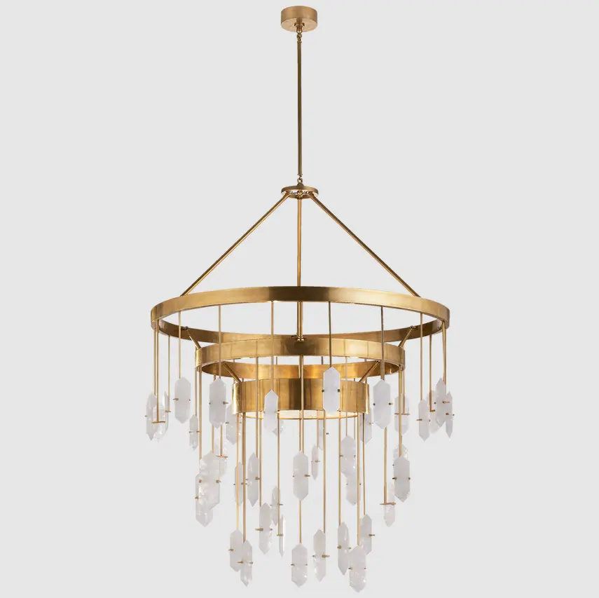 Modern American Luxury Copper Pendant Light Alabaster Stone Living Room Restaurant Lamps Brass Large Three-tier Chandelier