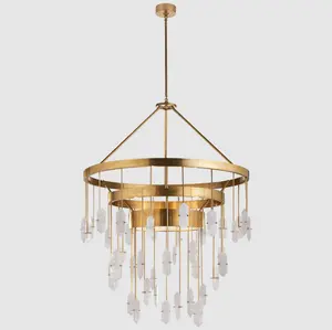 Modern American Luxury Copper Pendant Light Alabaster Stone Living Room Restaurant Lamps Brass Large Three-tier Chandelier