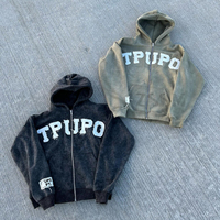 Sweat à capuche court vintage pour hommes personnalisé coton éponge français Streetwear en détresse broderie Patch lavage à l'acide fermeture éclair impression en relief